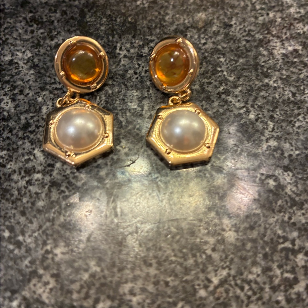 Gold and Pearl Hexagon Drop Earrings